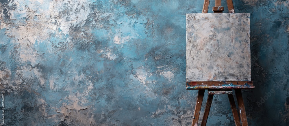 Poster blank canvas on easel against textured blue wall ideal for creative expressions and custom text plac