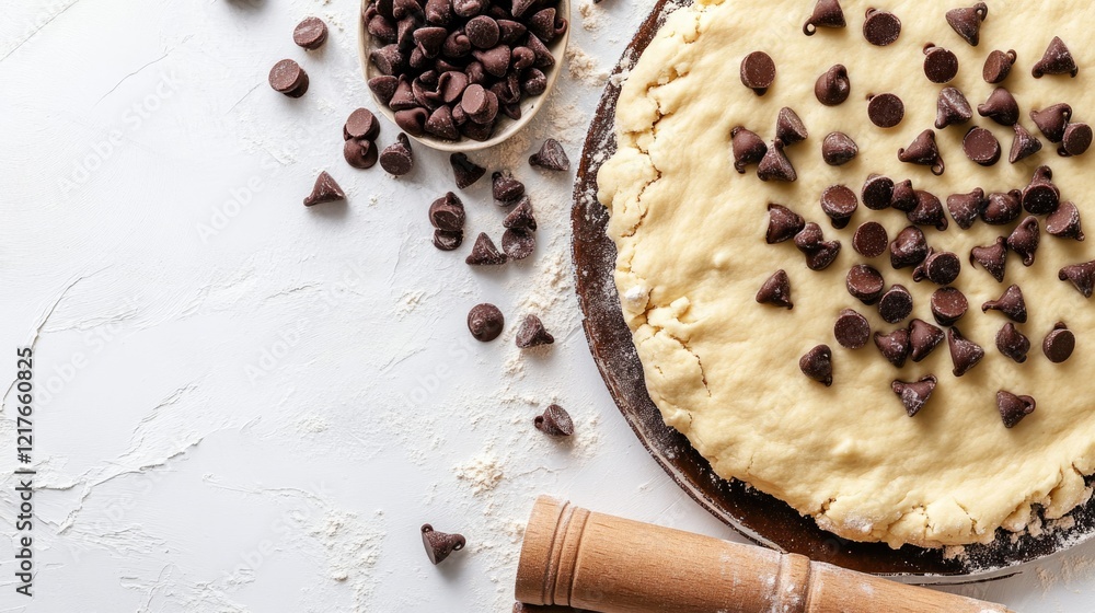 Poster chocolate chip dough preparation with empty space for text and baking tools on a light background