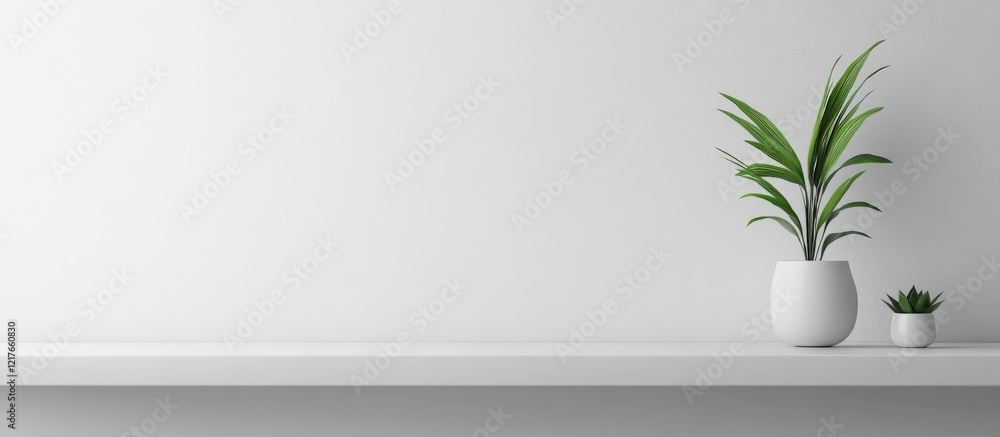 Poster minimalist white background with plants on a shelf perfect for abstract art or text placement showca