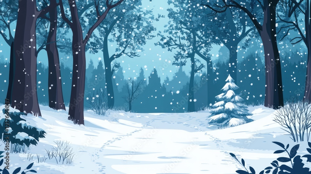 Aufkleber winter forest landscape with snowfall featuring snow-covered trees and a small evergreen in a tranqu
