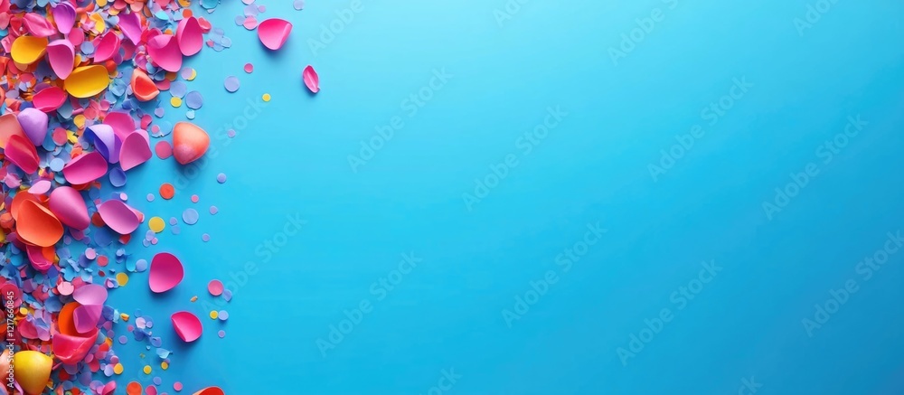 Aufkleber Bright colorful confetti scattered on a vibrant blue gradient background with ample empty space for text or creative design