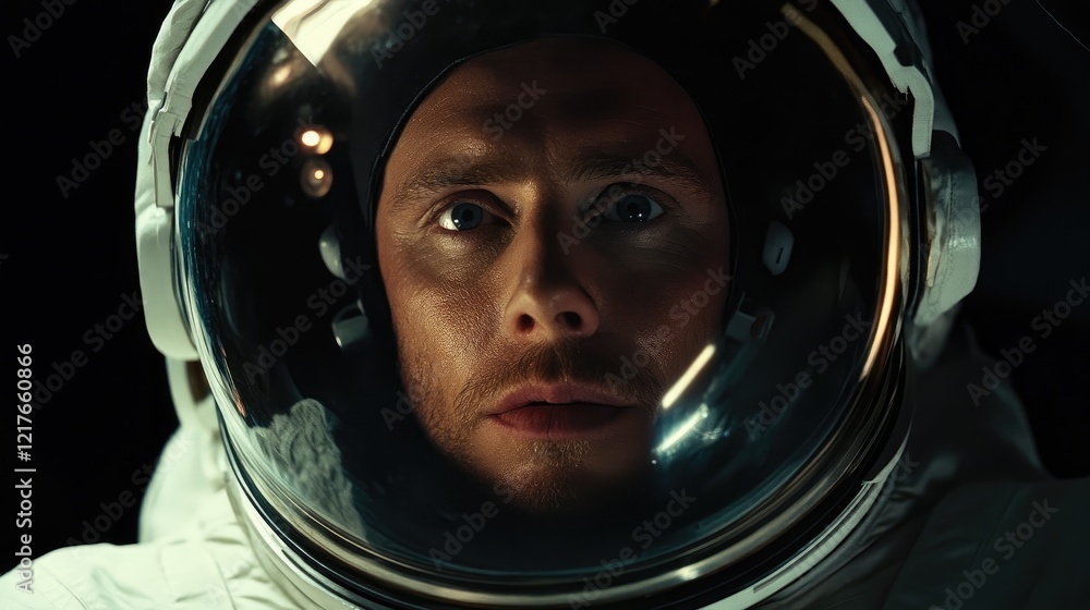 Poster astronaut in reflective spacesuit staring intently at the camera with a dark background showcasing i