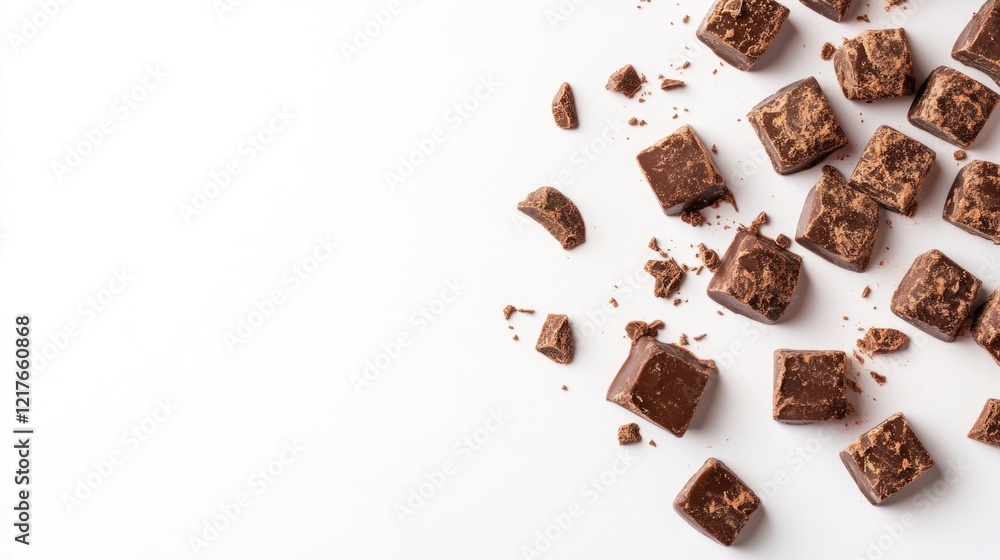 Poster chocolate chunks scattered on a white background with ample empty space for creative text or product