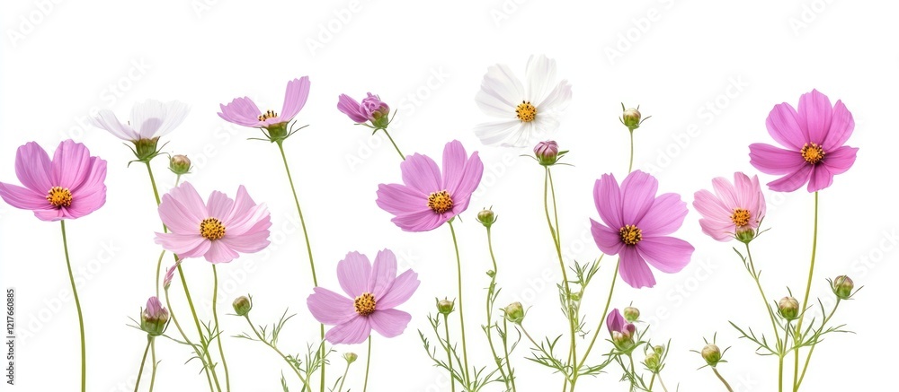Poster cosmos flowers in soft pastels with blank card for personalized message and copyspace ideal for invi