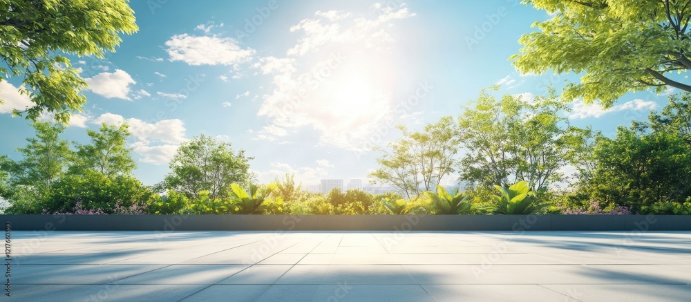 Poster blank billboard on freeway under bright summer sky with open copyspace for text surrounded by lush g