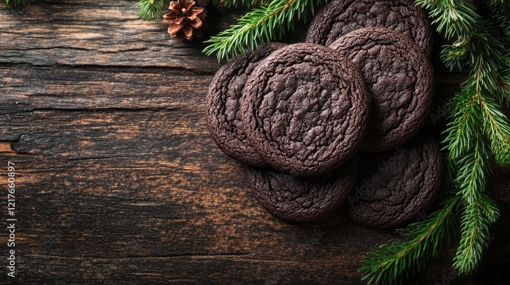 Poster chocolate christmas cookies with spruce branches on rustic wooden table flat lay with space for text