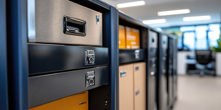 A row of secure filing cabinets fills an office area, embodying organization and modernity in a sleek, professional environment.