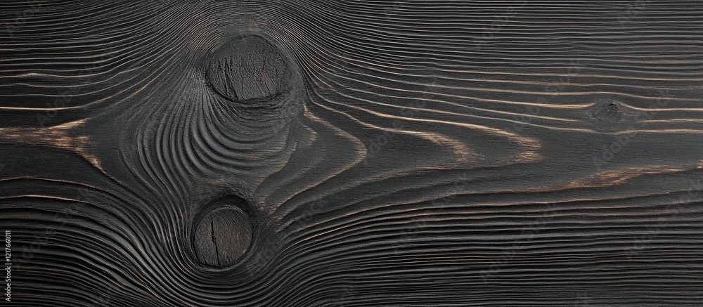 Poster black wooden surface with prominent tree rings and generous copyspace for text ideal for design and 