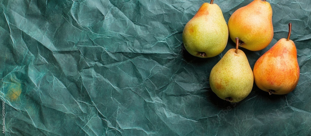 Aufkleber pears on crumpled green paper background with copy space for text placement