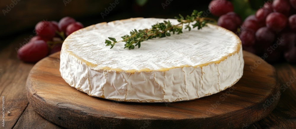 Poster brie cheese elegantly displayed on a wooden board garnished with fresh grapes and thyme featuring am