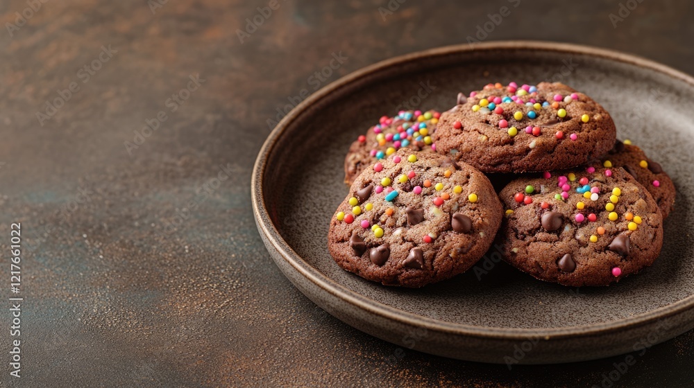 Poster chocolate chip cookies with vibrant sprinkles on rustic plate with ample empty space for text or sig