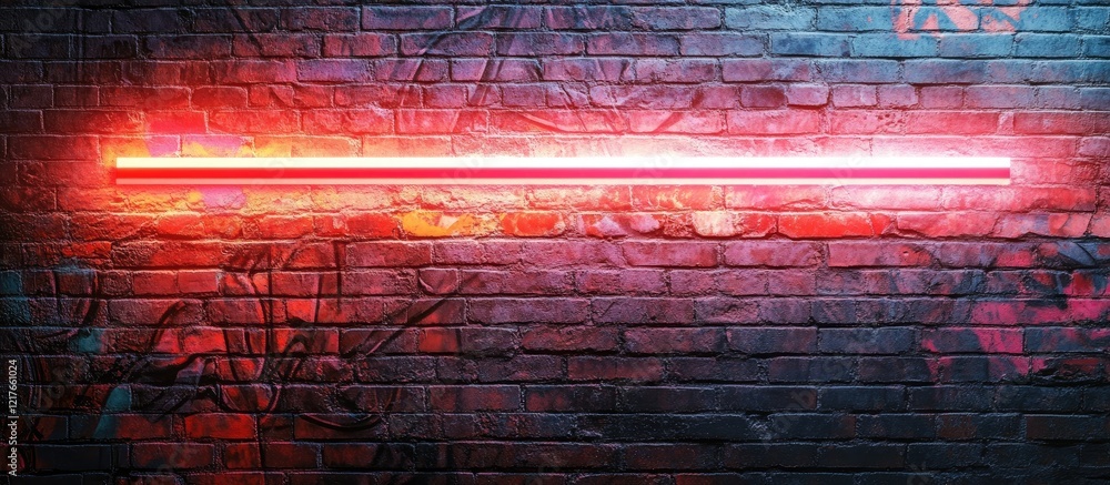 Poster Urban graffiti wall with neon light strip creating vibrant backdrop and ample space for text or graphic overlays