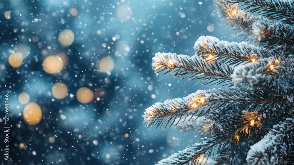 Poster snow-covered pine tree branches with warm bokeh lights in the background during a winter snowfall co