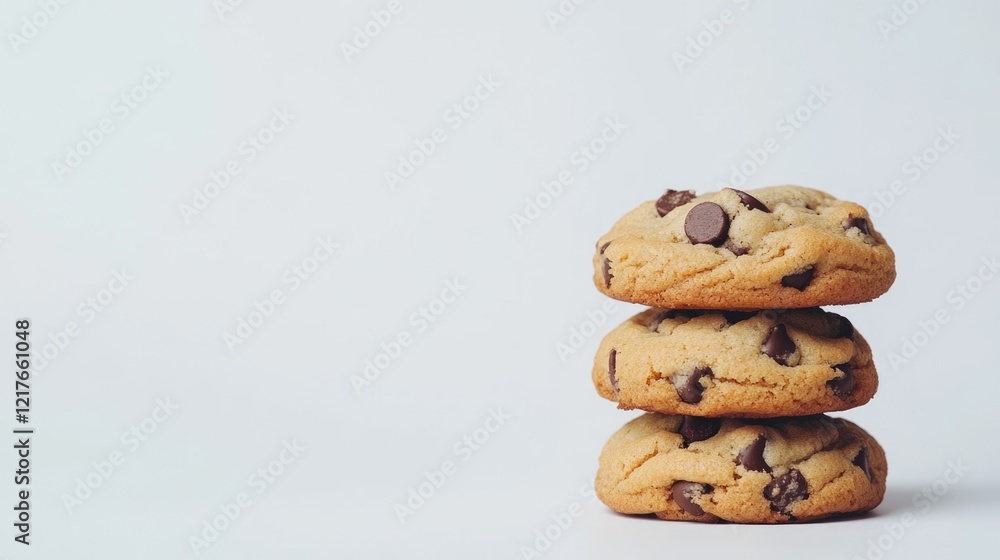 Poster delicious chocolate chip cookies stacked on a white background with ample copy space for text and br