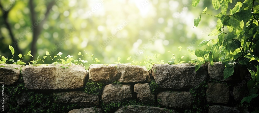 Aufkleber Natural stone wall surrounded by lush greenery with soft light creating an inviting atmosphere perfect for text placement or design elements