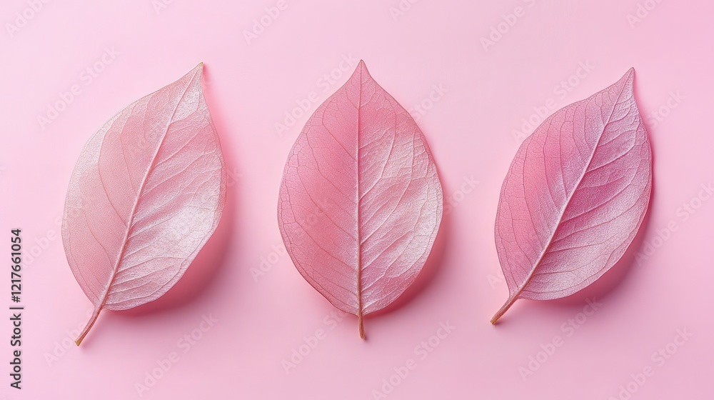 Aufkleber pink leaves on a pastel pink background arranged in a row with copy space for text placement.