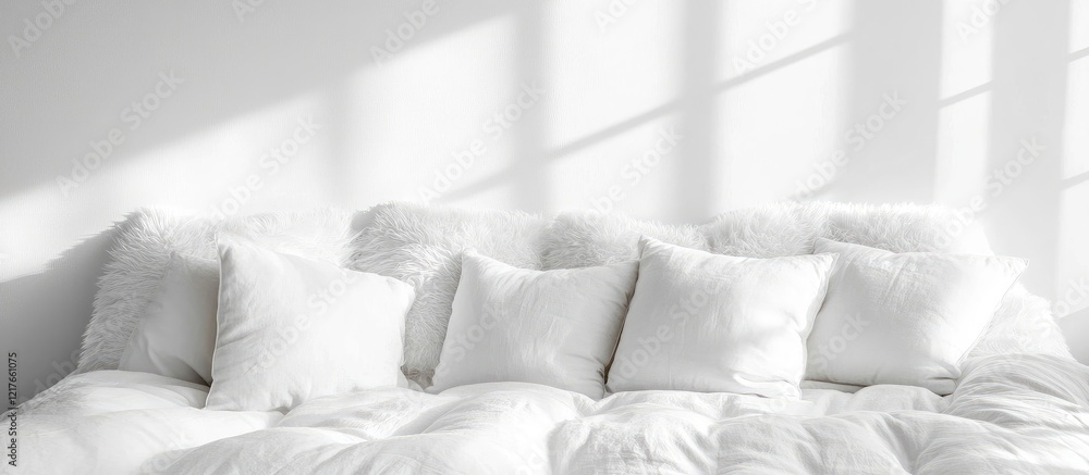 Aufkleber Fresh and minimalist white space featuring fluffy pillows ideal for showcasing text or branding in a serene and modern setting