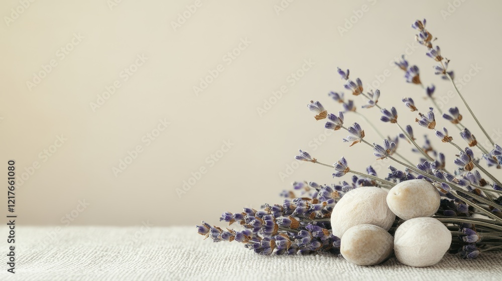 Poster lavender flowers and smooth pebbles arranged on a textured surface with neutral background and ample