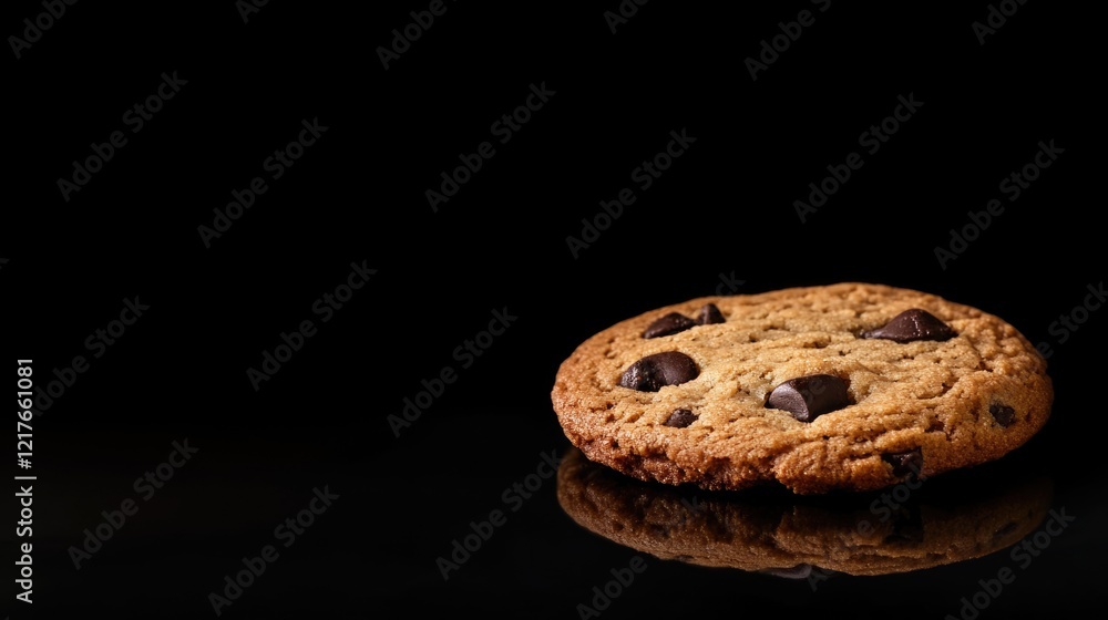 Poster chocolate chip cookie on a reflective surface with dark background creating space for text or brandi