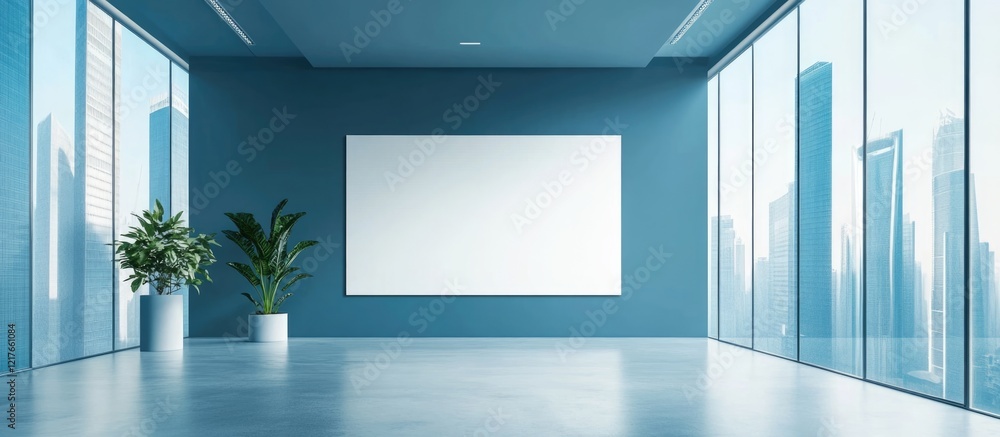 Aufkleber Blue Minimalist Business Presentation Room with Empty Wall Space for Text and Large Windows Featuring City Views