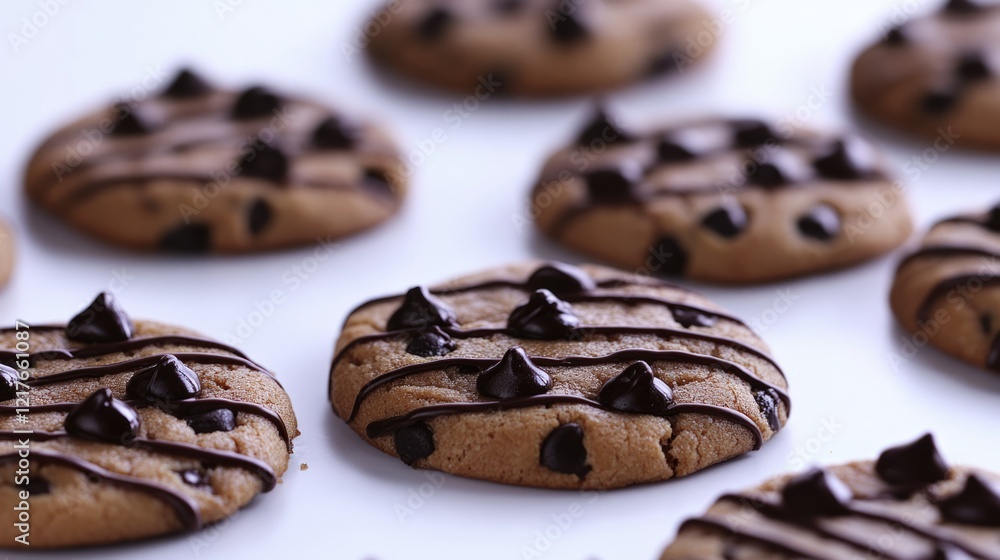 Poster freshly baked chocolate chip cookies drizzled with glossy chocolate on a white background with ample