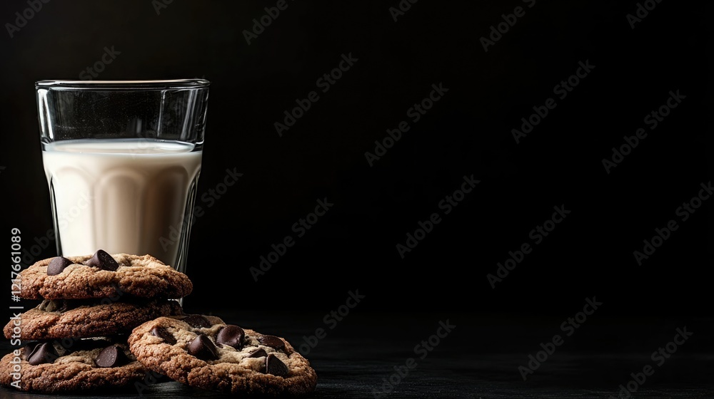 Poster chocolate chip cookies stacked beside a glass of milk on a dark background with ample copy space for