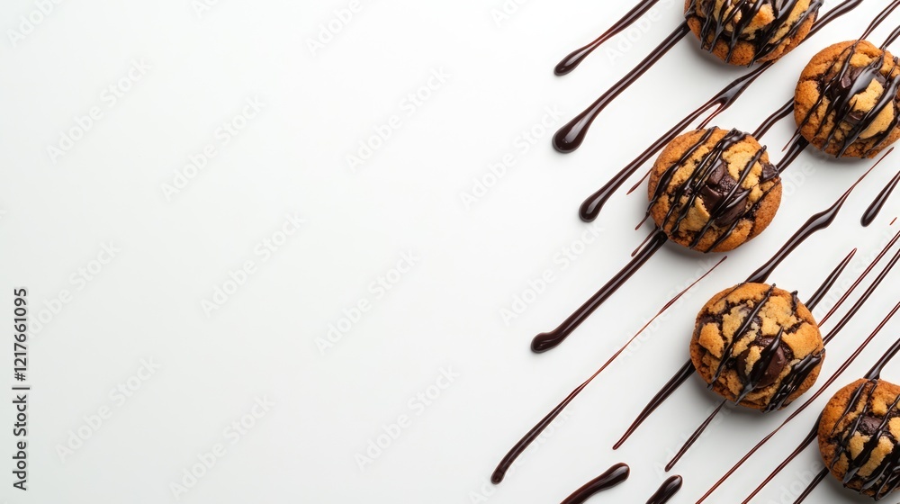 Poster chocolate chip cookies with glossy chocolate drizzle arranged artistically on a light background wit