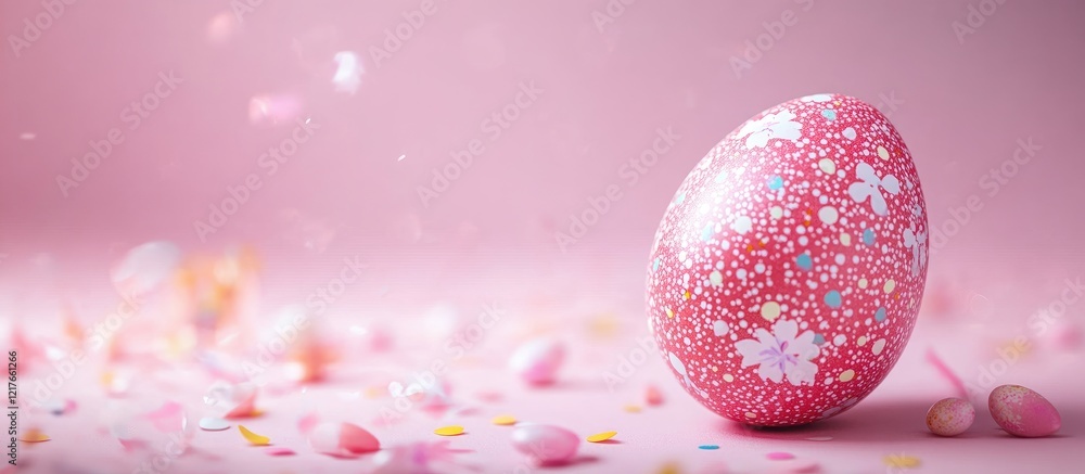 Poster festive easter celebration colorful painted egg with copy space for text on soft pink background