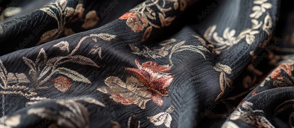 Aufkleber Black Vintage Silk Fabric with Floral Texture and Empty Copyspace for Elegant Text Display