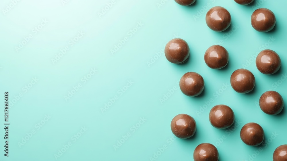 Poster chocolate candies arranged on a turquoise background with space for custom text and design elements
