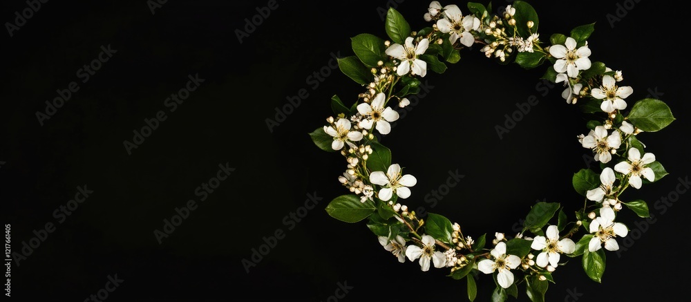Aufkleber Bridal wreath with white flowers and greenery on black background with empty copy space for personalized text or message