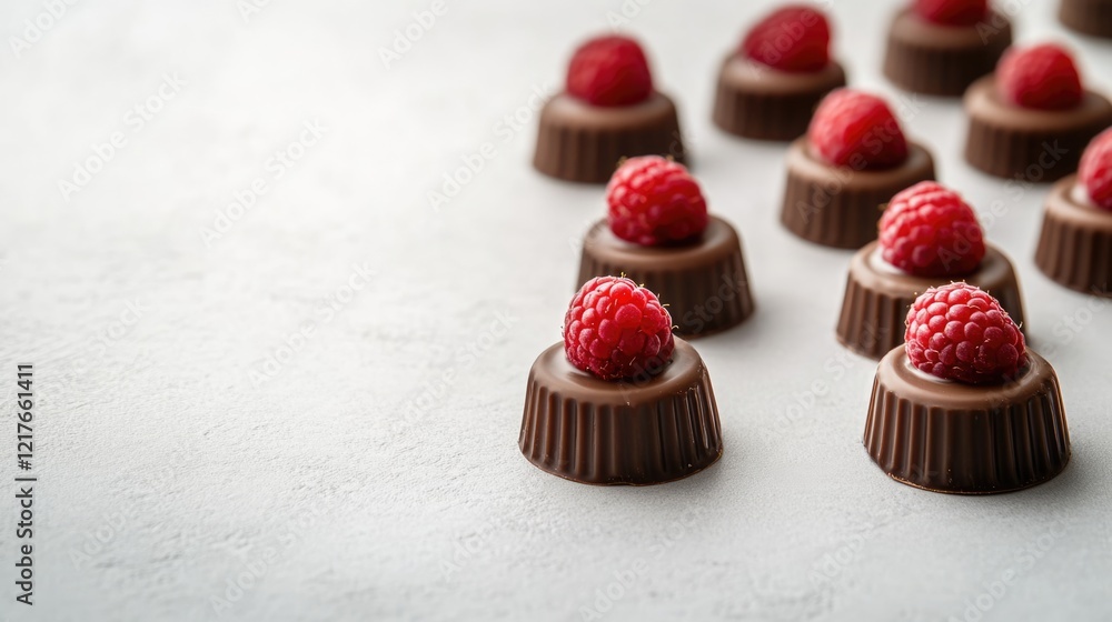 Poster chocolate raspberry truffles arranged artistically on a soft background with ample space for brandin