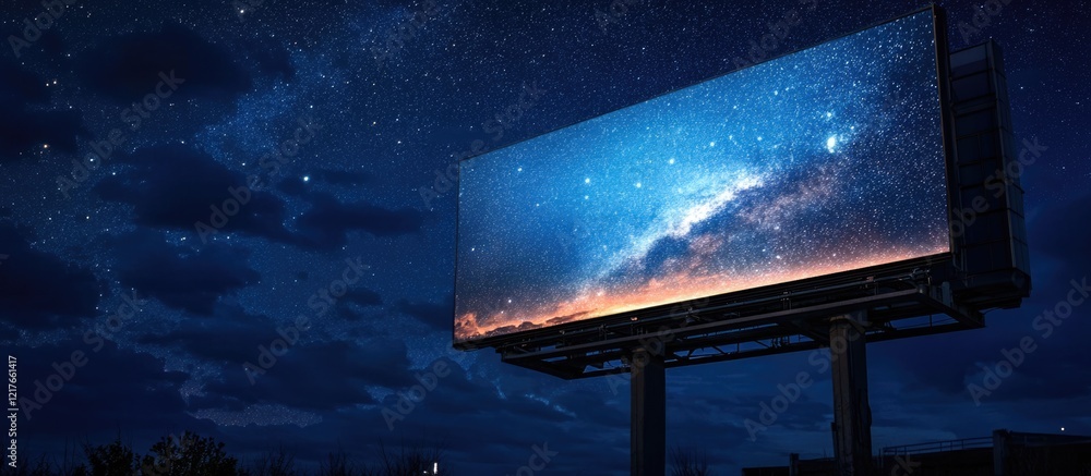 Poster advertising billboard on building under starry night sky with copyspace for creative text and promot