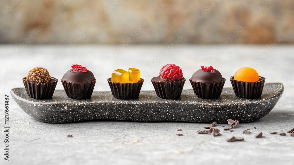 Poster assorted chocolate candies on a stone platter with empty space for text showcasing a variety of bite