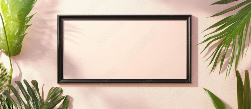 Poster Minimalist black picture frame on neutral background surrounded by greenery with ample copyspace for personalized text or artwork
