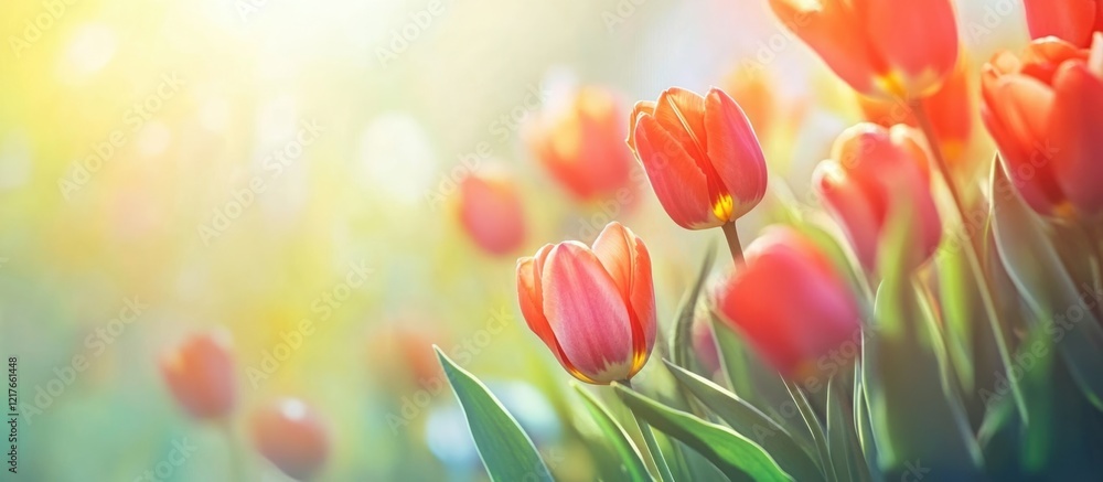 Poster vibrant blooming orange tulips in a sunlit garden with ample copyspace for text and a soft focus bac