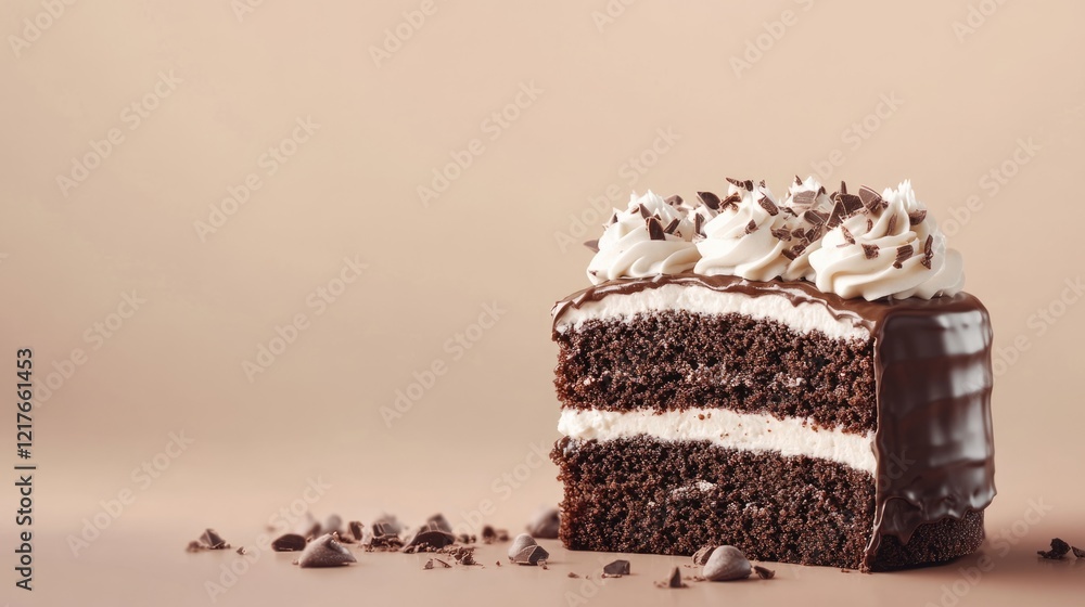 Poster chocolate cake slice with whipped cream filling and chocolate glaze on neutral background with space