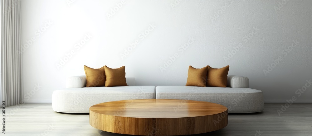 Poster bright minimalist living room featuring cozy sofa and wooden round coffee table with ample empty spa
