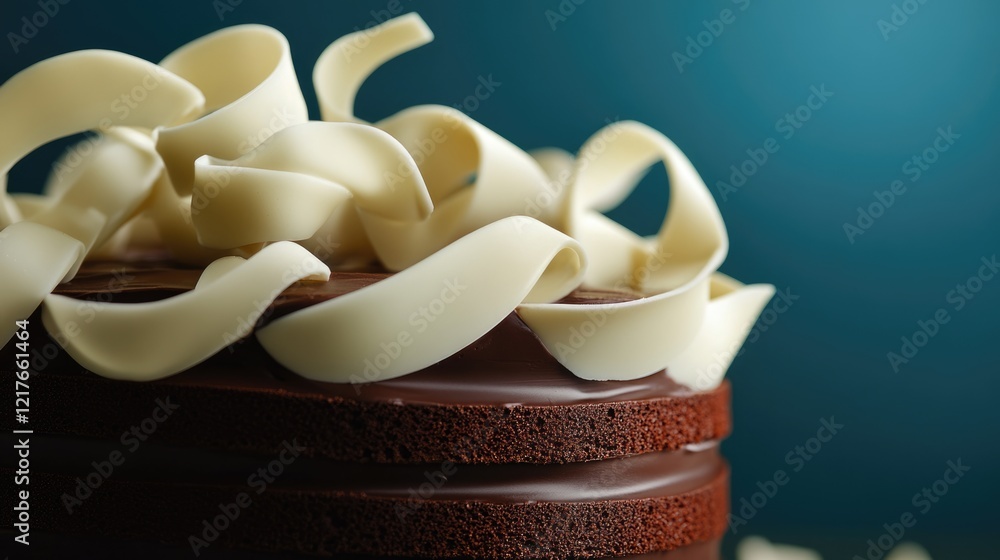 Poster chocolate cake topped with elegant white chocolate curls against a soft blue background with empty s