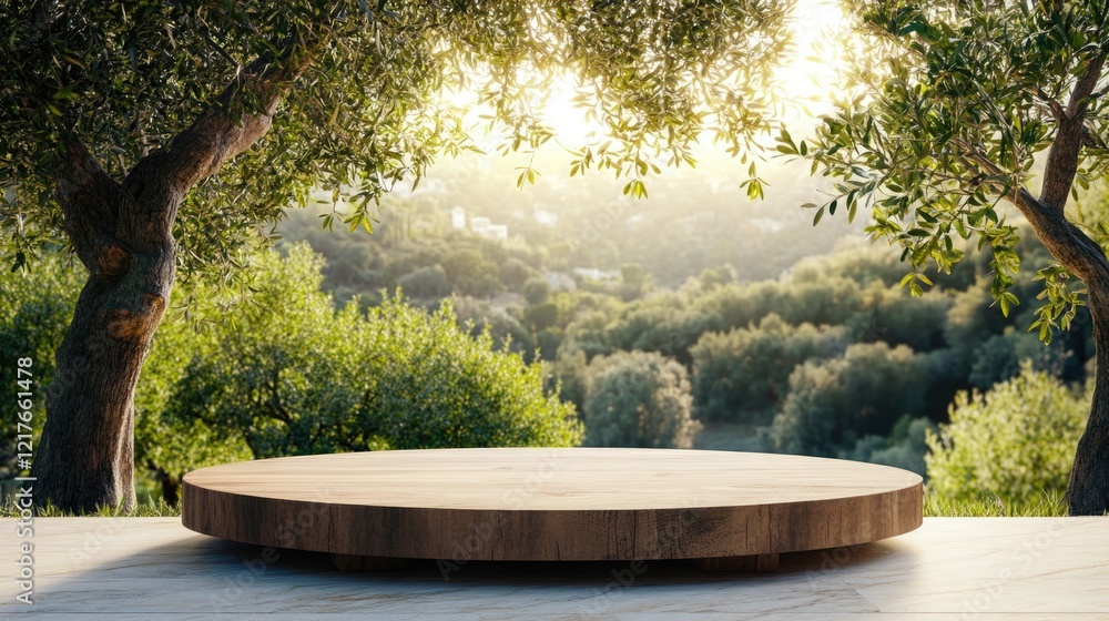 Poster wooden round display platform in a scenic outdoor setting surrounded by trees and soft sunlight with