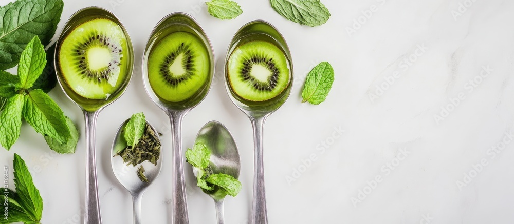 Poster aromatic kiwi slices and fresh mint leaves in silver spoons against a clean background ideal for foo