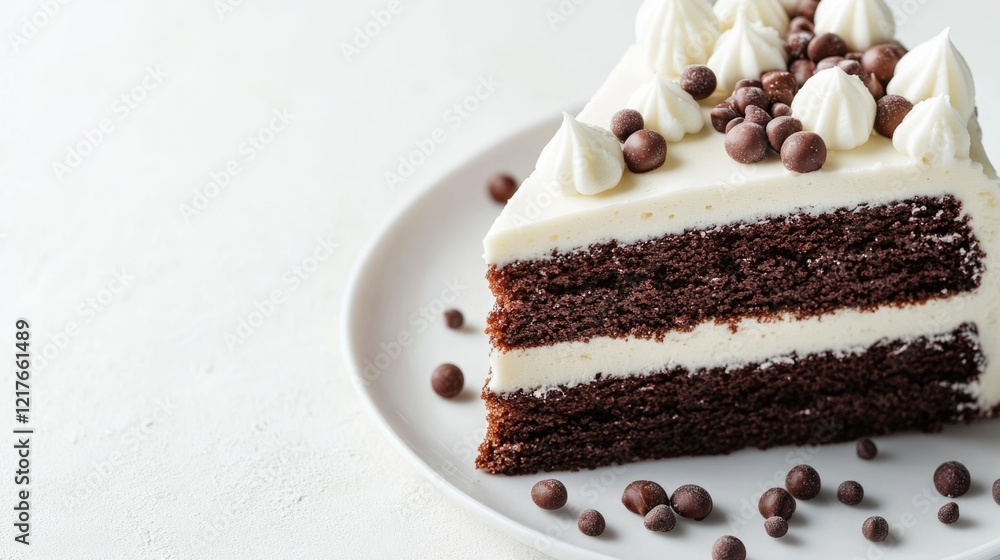 Poster chocolate cake with creamy white frosting and chocolate balls on a plate with empty space for text o