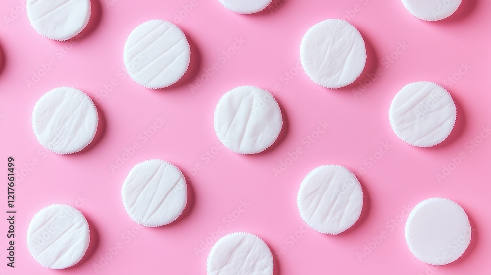 Poster white round candies scattered on a pink background with ample copy space for text placement.