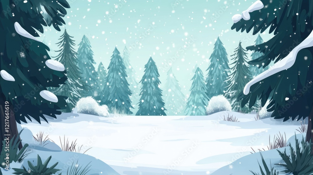 Poster winter landscape with snow-covered trees and snowfall in a tranquil forest setting copy space