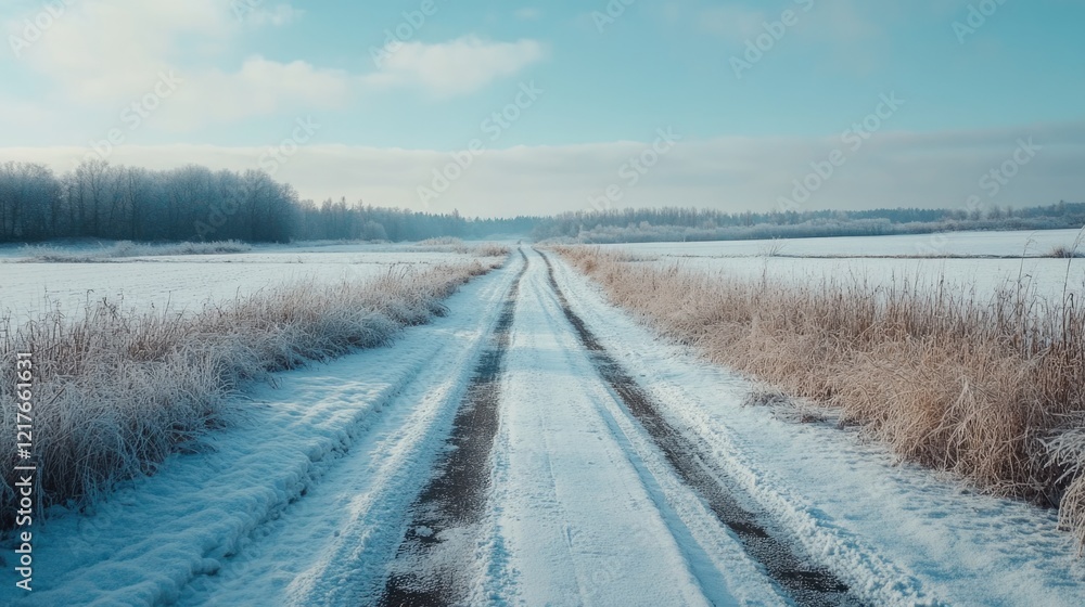 Poster snowy rural road through a winter landscape with fields and trees in the background copy space