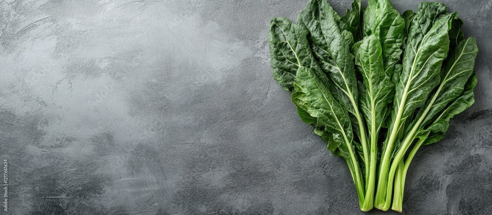 Poster fresh green leafy vegetables on a textured dark background with copy space for text placement
