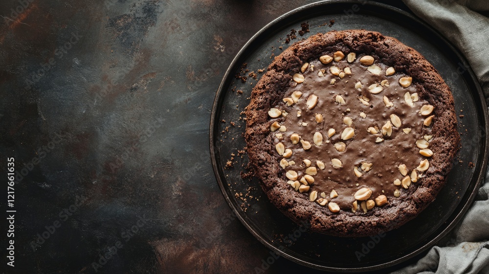 Poster decadent chocolate cake topped with peanut fudge and nuts on dark background with empty space for co