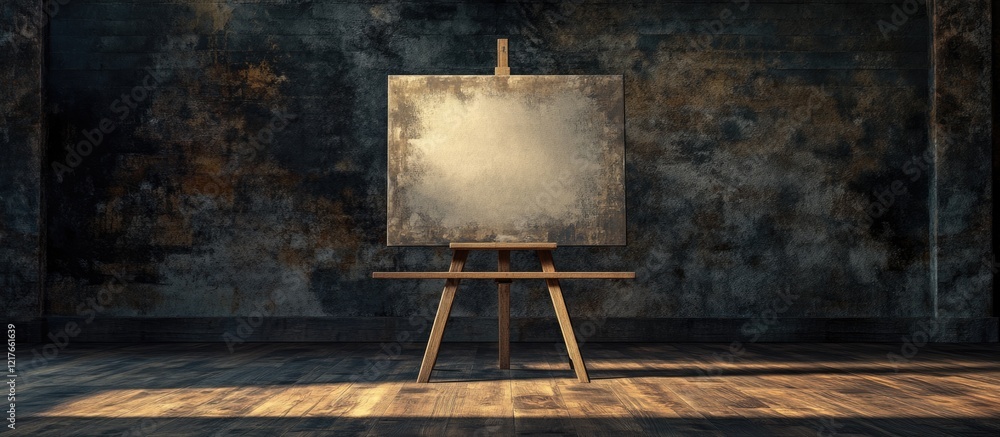 Poster Blank canvas on easel against grunge wall inspiring creativity with copyspace for text in a rustic wooden floor setting