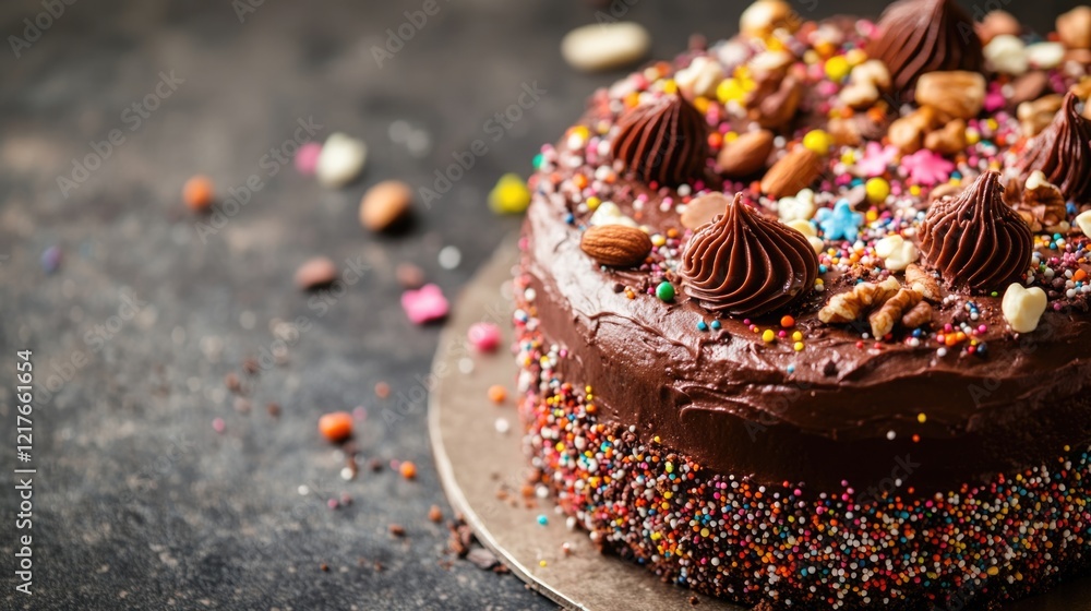 Poster chocolate cake with nuts and colorful sprinkles on dark background with space for custom text or bra