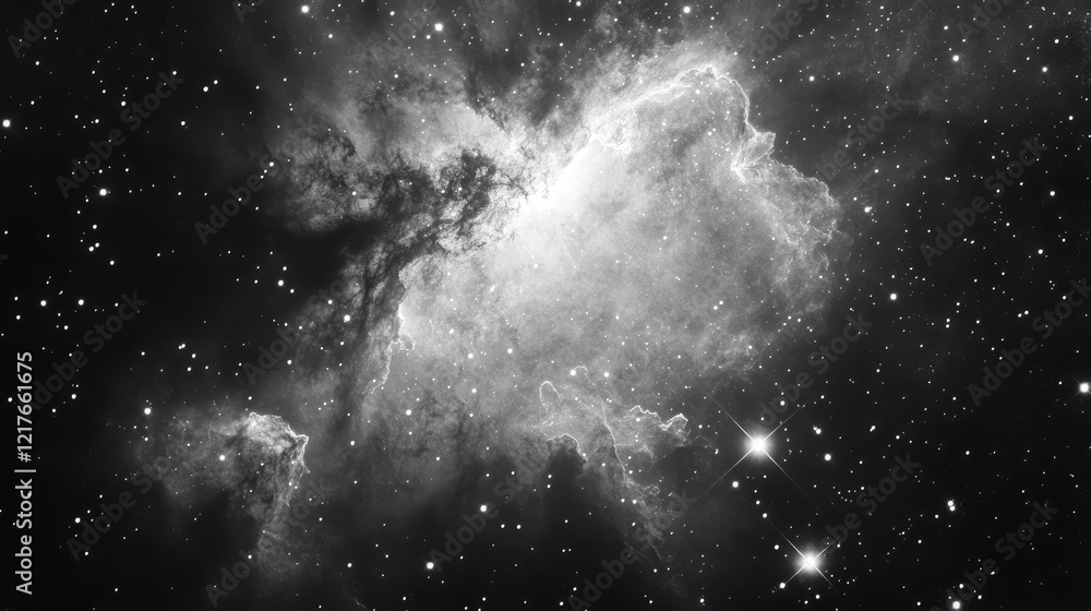 Poster nebula in deep space captured in black and white featuring stars and cosmic dust with copy space for
